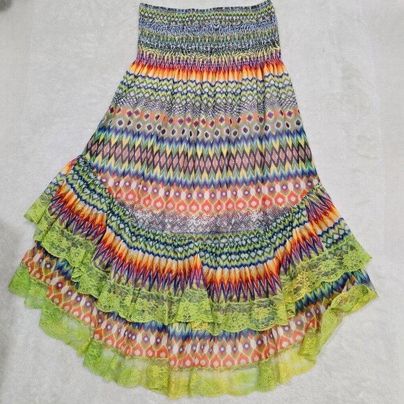 Lapis Boho Rainbow Halter Dress | Lace Hem Hi-Low Festival Vibes S - Picture 7 of 12